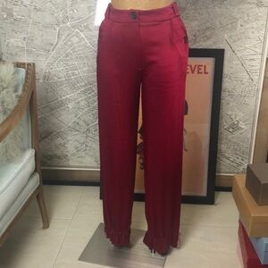 John Galliano Elegant Red Ruffle Hem Pants Size 2